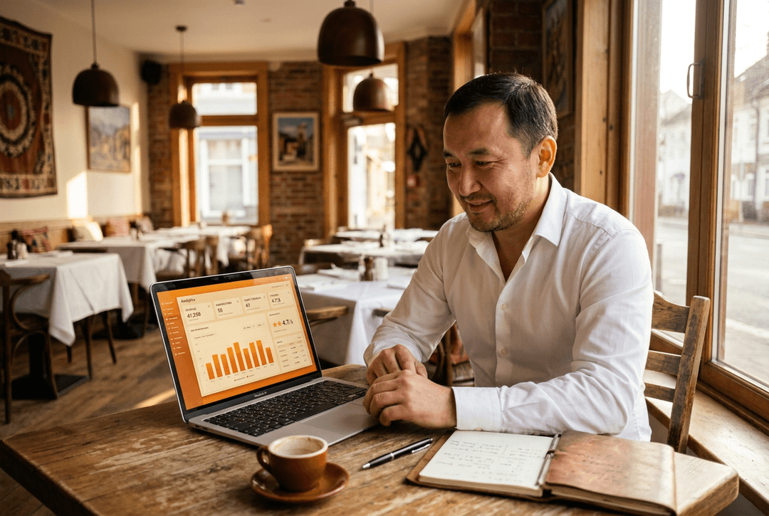Restaurant owner reviewing guest feedback dashboard